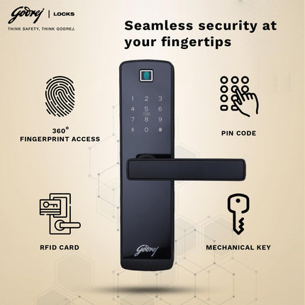 Godrej Smart Lock I Catus Touch Plus I Digital Lock for Wooden Door I 4in1 Access I Fingerprint | RFID I PIN Access I Mechanical Key I 3 Dead Bolts