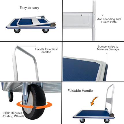 BIGAPPLE 300kg Capacity Metal Foldable Platform Trolley for Heavy Weight/Material Handling Goods Trolley for Home, Office, Warehouse & Industries - 60cm x 90cm (5" Wheel/Blue) - PACK OF 1