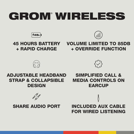 Skullcandy Grom Over-Ear Wireless Headphones for Kids, Volume-Limiting to 85dB + 45Hr Playtime + Rapid Charge Override Function, Adjustable Headband Strap & Collapsible Design- Black