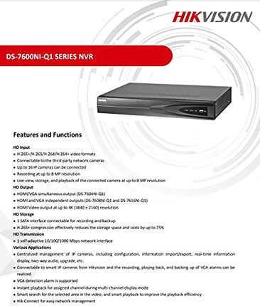 HIKVISION 16 Channel NVR 4K 1U H.265+ 160 Mbps DS-7616NI-Q1 Black