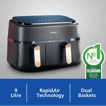 PHILIPS Air Fryer NA352/00 with Rapid Air Technology, 9L capacity, Dual basket (6L & 3L) for full oven tray cooking, 8 Preset Menus, Intuitive touch control, 90% less oil, 500+ Recipes, Extra Large