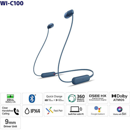 Sony WI-C100 Wireless Headphones with Customizable Equalizer for Deep Bass & 25 Hrs Battery, DSEE-Upscale, Splash Proof, 360RA, Fast Pair, in-Ear Bluetooth Headset with mic for Phone Calls (Black)