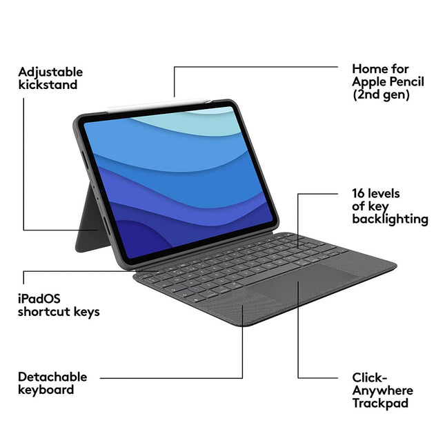 Logitech Combo Touch iPad Pro 11-inch (1st, 2nd, 3rd, 4th gen - 2018, 2020, 2021, 2022) Keyboard Case - Detachable Backlit Keyboard, Click-Anywhere Trackpad - QWERTY Smart Connector, Grey, Medium