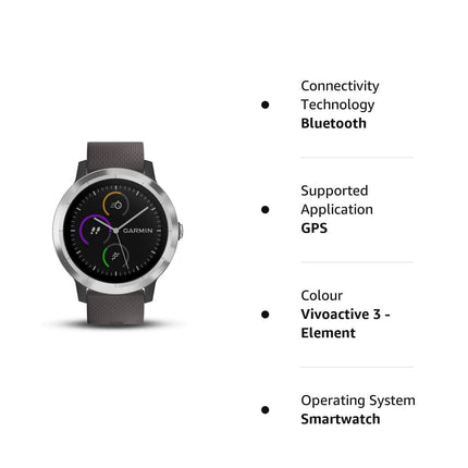 Garmin Stainless Steel Vivoactive 3 Smartwatch with Band (Grey/Black)