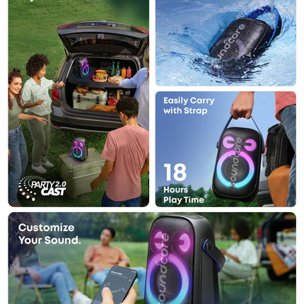 Soundcore Anker Rave Neo 2 Portable Speaker with 80W Stereo Sound,Partycast 2.0,Light Show,Ipx7 Waterproof(Floats On Water) 18H Playtime,Customizable Eq & Bass Up for Party,Backyard-Black,USB