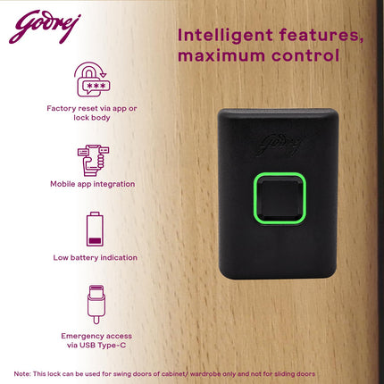 Godrej Smart Cabinet Lock| Biometric - 360° Fingerprint, 100 Fingerprints| Bluetooth| Mobile App | Passage Mode | Advantis Astron| 1st Made in India Digital Furniture Lock| Black