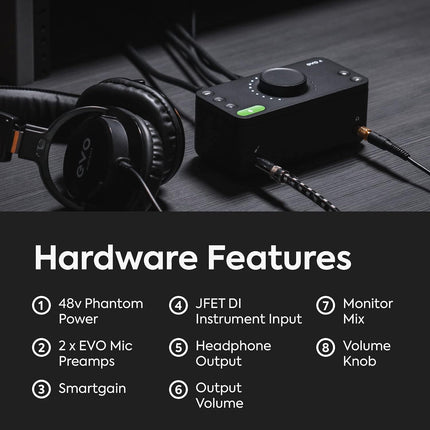Audient EVO 4 2in/2out USB Audio Interface with Smartgain, 2 Mic Preamps, Dual XLR/TRS Mic/Line/DI Inputs, 48V Phantom Power, Loopback & Software Bundle - Unboxify