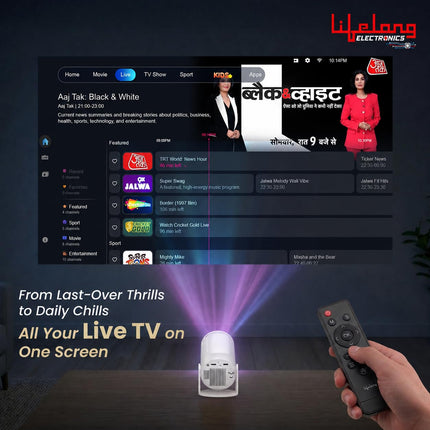 Lifelong Electronics Built-in Live TV Smart Projector | with 90+ Channels (No Subscription Required) | Android, 1080P & 4K Ultra HD Support, 720P Native | for Room & Outdoors | All OTT Apps | WiFi/BT
