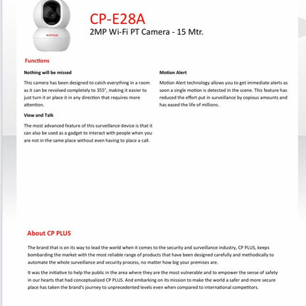 CP Plus 2MP Full HD Wi-fi CCTV Camera | 360°View PT Camera | Motion Tracking | Cloud Monitoring | 2-Way Talk, Night Vision| Support SD Card (Up to 256 GB) | Privacy Mode - CP-E28A