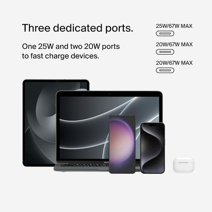 Belkin 67W (25W+20W+20W) 3-Port USB -C Wall Charger with PPS |Fast Charging Charger for iPhone 17, MacBook Pro, AirPods, Samsung Galaxy S25, Google Pixel 10, | 2 Years Warranty, White