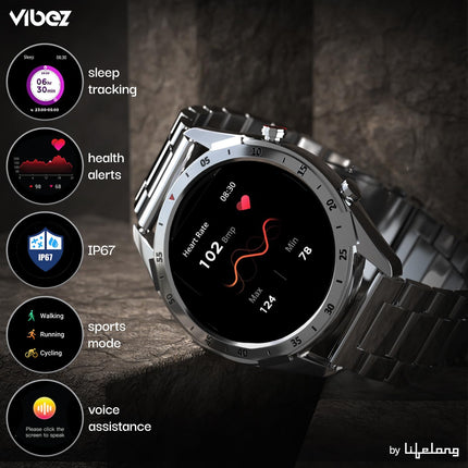 Vibez by Lifelong Sigma 1.39, Luxury Smartwatch with Metal Case & Stainless-Steel Strap, 360 * 360 px High Resolution with 60Hz Refresh Rate, Bluetooth Calling & Health Monitoring (VBSW2142, Silver)