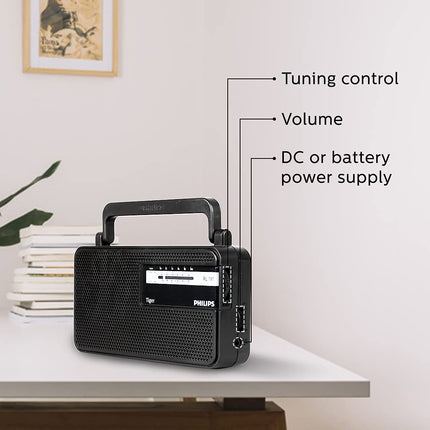 Philips Portable Radio RL191/94 with MW/FM Bands, 180mW RMS Sound Output, Telescopic Antenna, Battery & DC Powered (2xR20/3V DC), Compact & Portable Design (Black)