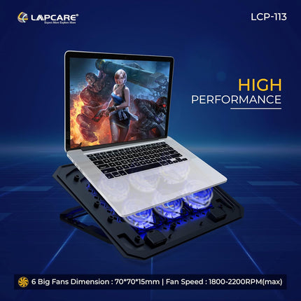Lapcare Chillmate Pro LCP113 Black | USB Power Supply | 5 Adjustable Positions | 6 Fans | 2 USB Port 2.0 for Multiple Device Usage | Heat Dissipation | Fans Speed 1800-2200Rpm