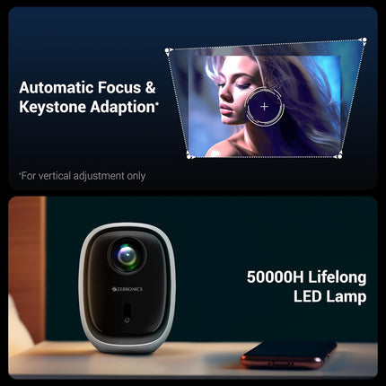ZEBRONICS New Launch PIXAPLAY 53, Smart Vertical Projector, 3500 Lumens, 4K Support, 120 Inch Screen Size, Auto Focus, Auto Keystone, Bluetooth, HDMI, USB, WiFi, 1080p Support, APP Support, Miracast