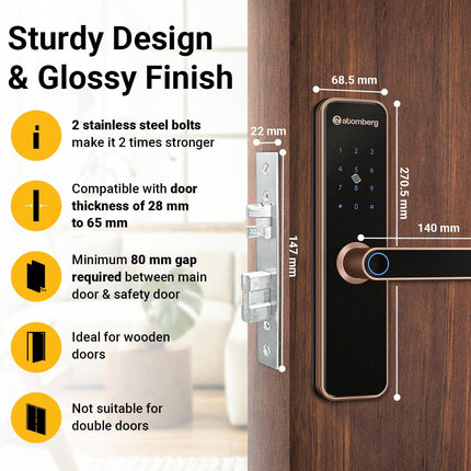Atomberg Azhero Smart Door Lock | 6 Ways Unlocking | Fingerprint | PIN | Remote OTP | NFC Card | Atomberg App (Data Stored in India) | Key | Free Installation (Rose Gold)