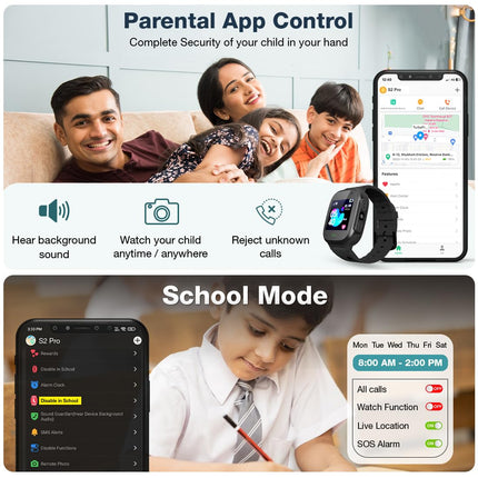 sekyo S1 Kids Smartwatch for Boys & Girls, Calling Smart Watch for Kids with Location Tracker, Camera, SOS & Safe Zone Alert, Family Chat, App Control, Airtel & Vi Micro SIM Support only -Black