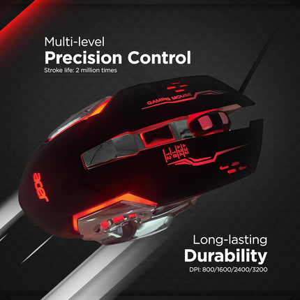 Acer 4 in 1 Wired Gaming Combo, 7 Color LED Backlit Keyboard, RGB Mouse (800/1600/2400/3200 DPI), Premium Gaming Headset (50mm Driver, 120dB) with Mixed Light Effect, Fabric Weave Mousepad (Black)