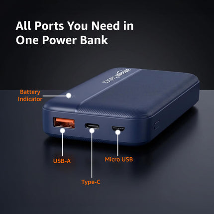Amazon Basics 20000 mAh Power Bank | 22.5W Fast Charging | Dual Output & Input | Charge 3 Devices Simultaneously | for Smartphones, TWS Earbuds, Speakers, Tablets
