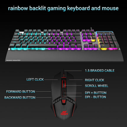 Ant Esports KM540 Gaming Keyboard and Mouse Combo,Rainbow Backlit LED Wired Keyboard with Wrist Rest,Programmable 7D OpticalMouse, 3600 DPI, Spill-Resistant, USB Plug & Play for PC, Laptop,Mac – Black