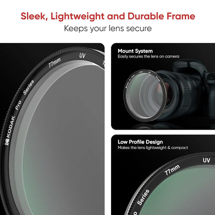 Kodak 77mm Pro Series Camera Lens UV Filter|16 Layer Multi Coating for DSLR Camera Lens|Protection from UV Rays, Dust & Scratches|Aluminum Lens Ring|Waterproof|Black