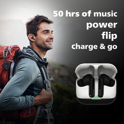PHILIPS TAT1050BK/94 Truly Wireless Earbuds with ANC, Quad Mic ENC, Up to 50 Hr Playtime, 13mm Neodymium Drivers, Multipoint, IPX5 Water Resistance, Fast Charging, Ultra Low Latency (Deep Black)
