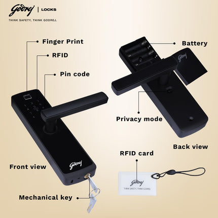 Godrej Smart Lock I Catus Touch Plus I Digital Lock for Wooden Door I 4in1 Access I Fingerprint | RFID I PIN Access I Mechanical Key I 3 Dead Bolts
