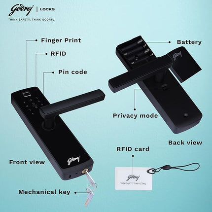 Godrej Smart Lock I Catus Connect I Digital Lock for Wooden Door |5 in 1 Access IWiFi I Fingerprint I RFID Card I PIN Access I Mechanical KeyI 3 Dead Bolts I Black I 3 Yrs Warranty| Free Installation - Unboxify