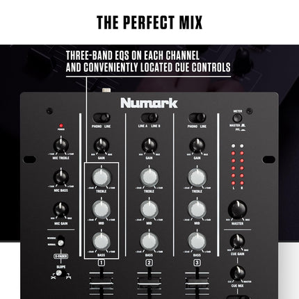 Numark M4 |3-Channel Rack Mountable Scratch DJ Mixer, Combo Jack Connection, with 3-Band EQ, Club-Ready Inputs, Mic Input and Reverse/Slope Controls, Black