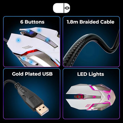 ZEBRONICS Optimus Gaming Keyboard & Mouse Combo, Braided Cable, Gold Plated USB, Upto 3600 DPI, 6 Buttons, High Resolution Sensor, Multicolor LED, Dedicated Macro Keys, 117 Keys (White) - Unboxify