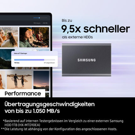Samsung T7 1TB, Portable SSD, up to 1050MB/s, USB 3.2 Gen2, for Photography, Gaming, Students & Professionals, External Solid State Drive (MU-PC1T0T), Grey