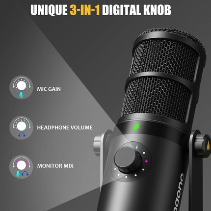 MAONO Dynamic Microphone, USB/XLR Podcast PC Microphone with Software, EQ,Tap-to-Mute, Headphone Jack, Gain Knob & Volume Control, Studio Mic for Broadcast, Recording, Streaming & Gaming PD400X Black