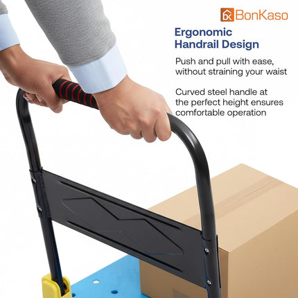 BonKaso 450Kg Heavy Duty Metal Platform Trolley | Foldable Hand Truck with 4 360° Rotating TPR Wheels & Cushioned Grip | Cart for Warehouse, Office & Home (91.5 x 58.3 cm) Blue