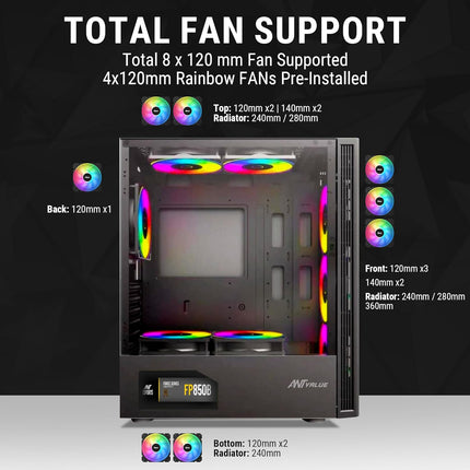 Ant Value VM40 ATX Computer Case/Gaming Cabinet - Black | Support ITX | Pre-Installed 3 Front & 1 Rear Rainbow Fans