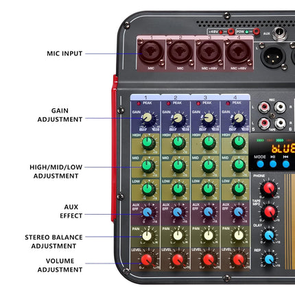 Powerpak MG-4 6-Channel Audio Mixer, Sound Board Mixing Console | 48V Phantom Power, MP3,Bluetooth,Echoes,USB Recording and XLR Output for DJ Show,Streaming,Podcasting