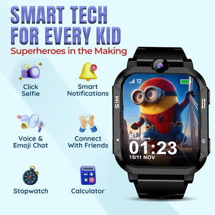 PunnkFunnk Musk Safeguard 5G/4G Kids Smart Watch with SIM Calling, GPS Tracker, Video Call, SOS Alerts, Face Unlock, Games, IP67, 800mAh Battery, Voice Chat, Maps(Black)