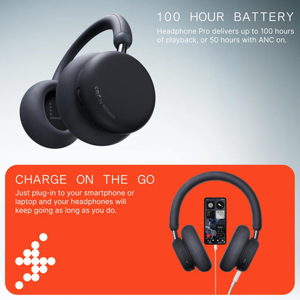 CMF BY Nothing Over Ear Headphone Pro, Hi-Res+LDAC|100hrs Playback|40dB ANC|5min=8hrs Charge|40mm Driver Bluetooth & Wired (Dark Grey, On The Ear) - Unboxify