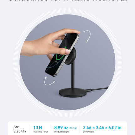 Anker MagGo Wireless Charger, 15W Fast Charging MagSafe Charger Compatible Wireless Charger Stand with USB-C Cable, Qi2 Wireless Charger, for iPhone 16/15/14/13 Series and AirPods (No AC Adapter)