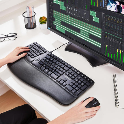 Amazon Basics Pro Series Wireless Ergonomic Keyboard with Mouse|2.4GHz & Bluetooth | Multi-Device Support | 12 Programmable Keys | Cushioned Wrist Rest | 48 Hr Playtime | PC,Laptop,Tablet Compatible