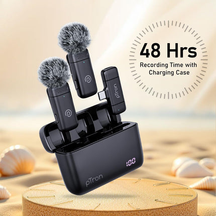 pTron KWM-2 Type C Wireless Microphone with Charging case w/Noise Cancellation, 48Hrs Battery, 20m Wireless Range, Collar Mic for DSLR/iPhone/Android, Vlog, Streaming/Zoom Meeting (Black)