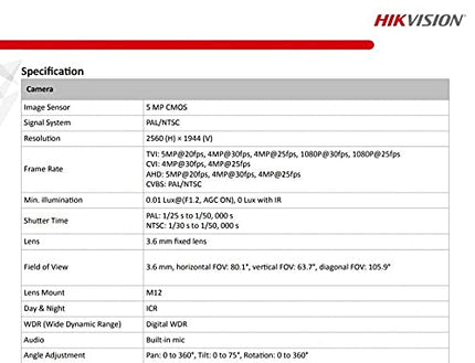 HIKVISION 5 MP Indoor Dome CCTV Camera with inbuilt Audio Mic DS-2CE76H0T-ITPFS White Wired, 1080P