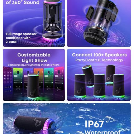 Soundcore by Anker Glow Portable Speaker with 30W 360° Sound, Synchronized Radiant Light, 18H Playback, Customizable Eq and Light Show, and Ip67 Waterproof - Black, Bluetooth