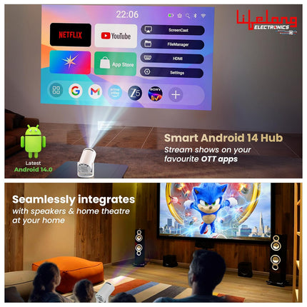 Lifelong Electronics Lightbeam Smart LED Projector | Android 14, 1080P & 4K Ultra HD Support, 4000 Lumens | All OTT Apps (Netflix, Prime, Jio etc.) | Auto Keystone, WiFi/BT, HDMI, Cast, 150” Screen