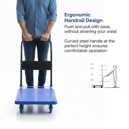 BonKaso 300Kg Heavy-Duty Foldable Platform Trolley | Plastic Hand Truck with 4 Wheels & Cushioned Grip Handle | Durable Material Cart for Home, Office, Warehouse & Industrial Use (90x60x86cm, Blue)