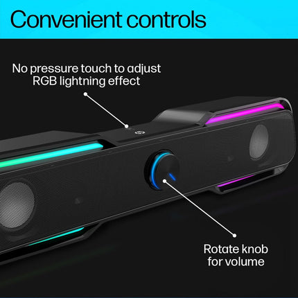HP DHE-6002 Wired Speaker, 3.5mm aux connectivity, Surround Sound, PC and Phone Compatible, Easy Volume Controls, Touch-Controlled RGB Lighting, 1-Year Warranty, 0.77 kg, Black, 8C573AA