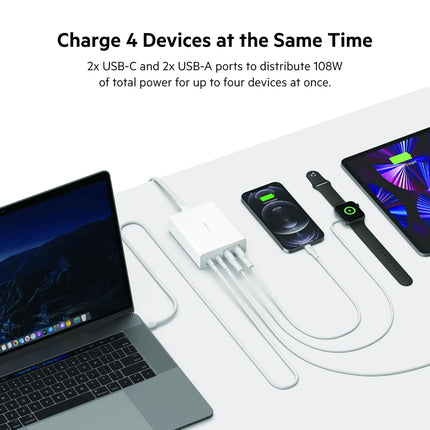 Belkin 4-Port 108W - GaN Charger | USB -C PD Fast Charge & USB-A Ports for Apple MacBook, iPhone 17, Samsung Galaxy S25, Google Pixel 10, & More | 2 Years Warranty, White (BRAND NEW/SEALED)