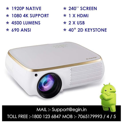 Egate P531 Android Full HD 1080p (4K Support) | 4500 L (690 ANSI) with 240" (6.3 m) Large Display LED Projector | VGA, AV, HDMI, 2xUSB, Audio Out, Bluetooth, WiFi Connectivity | (EGP531) (White) - Unboxify