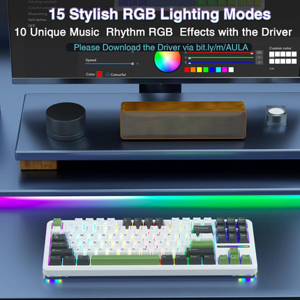Aula F87 Wireless Mechanical Keyboard | 75% TKL Gasket Custom Hot Swappable Keyboard, 2.4Ghz/Type-C/Bluetooth Gaming Keyboard | Pre-lubed Switch RGB Backlit Keyboard (Green+White)