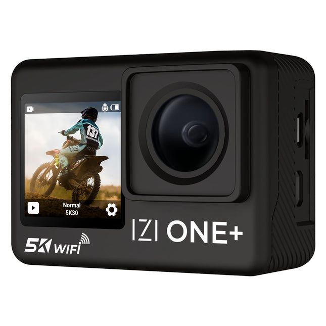 IZI ONE Plus 5K 48MP Action Camera - 6-Axis Gyro Stabilization, 110ft Waterproof, Vlogging, 170° FOV, WiFi, Dual Touch Screen Video Camera, 2X 1350mAh Batteries, Fast C-Type Charge HQ External Mic