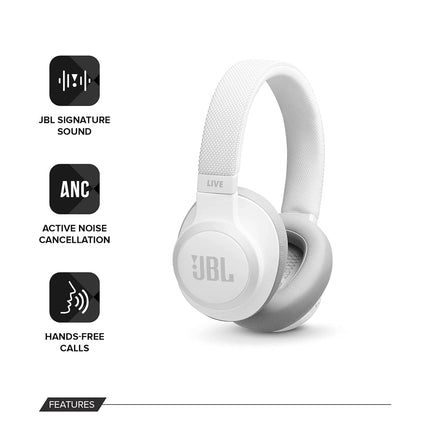 JBL Live 650BTNC, Over Ear Active Noise Cancelling Headphones with Mic, Signature Sound, Quick Charge, Dual Pairing, AUX, Built-in Alexa and Google Assistant (White, Wireless)