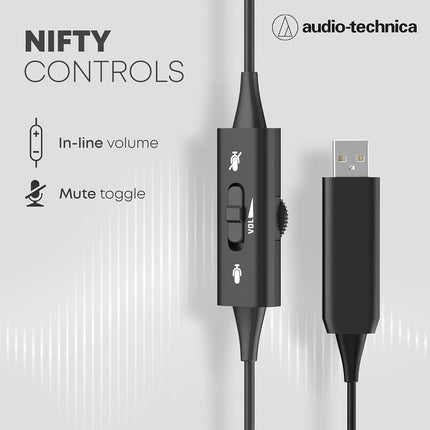 Audio-Technica USB Headset with 30mm Drivers, Condenser Mic, USB-A/Type-C Connectivity – 20–20,000 Hz Headphone Response, 16-Bit/48 kHz, Compatible with Windows & macOS